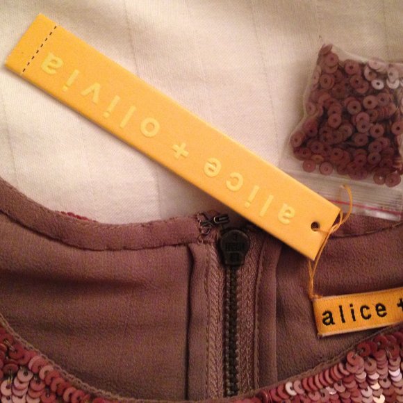 Alice and Olivia bronze mocha sequined fur hem sleeveless cocktail dress US 4 - Picture 6 of 6